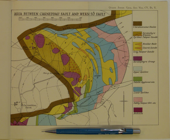 Wales Mid- 1949.  3 maps: Area between Llanelwedd and Carneddau Fault, and Area between Carneddau Fault and Wern-to Fault, and Area Between Wern-to Fault and Cwm-Amliw Fault , all colour
