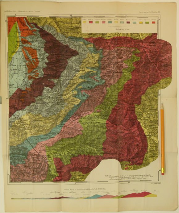 Sacco, Frederico, 1888. Untitled geological map of Villalvernia area (approx. 60km N of Genoa) in Liguria.  Colour printed folded map