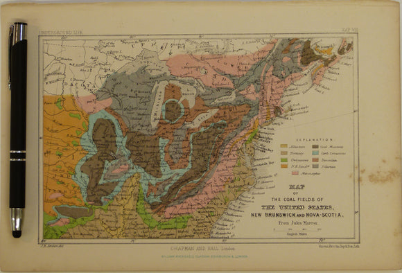 [Geological] Map of the Coal Fields of the United States, New Brunswick and Nova-Scotia, 1869, Plate 8, from Mines and Miners; or, Underground Life by L. Simonin