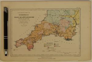 Geological Map of Cornwall and part of Devonshire, shewing the Principal Groups of Mineral Lodes, 1869, Plate 11, from Mines and Miners; or, Underground Life by L. Simonin