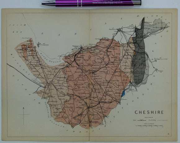 Cheshire (1864) county geological map from Reynolds’s Geological Atlas of Great Britain, 1st edition.
