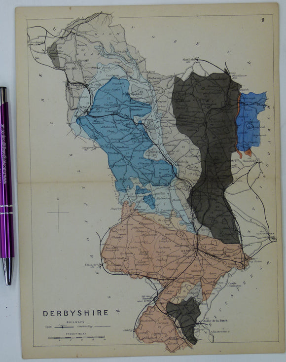 Derbyshire (1864) county geological map from Reynolds’s Geological Atlas of Great Britain, 1st edition.