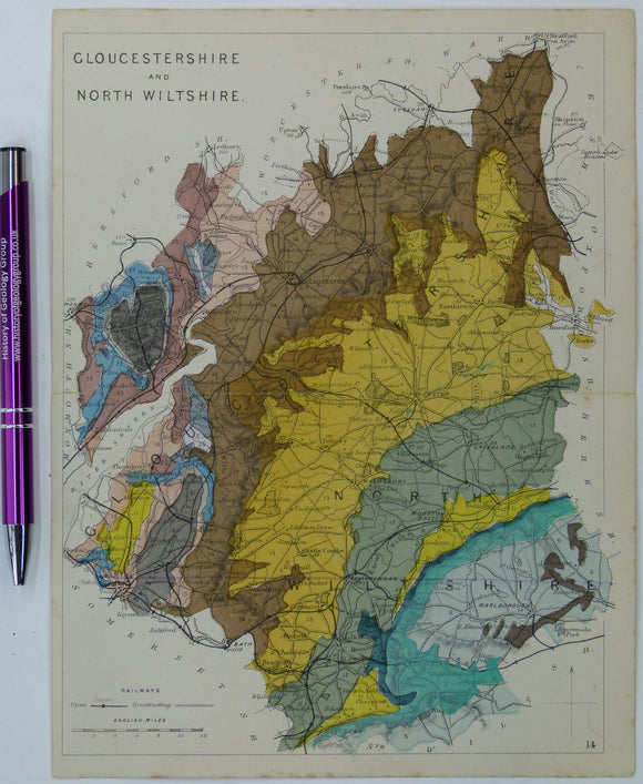Gloucestershire and North Wiltshire (1864) counties geological map from Reynolds’s Geological Atlas of Great Britain, 1st