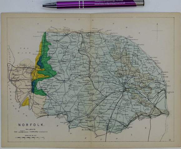 Norfolk (1864) county geological map from Reynolds’s Geological Atlas of Great Britain, 1st edition.