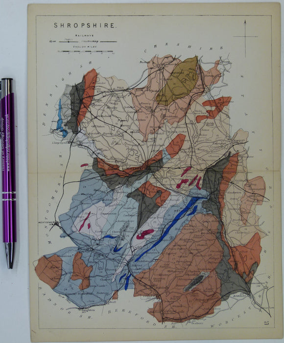 Shropshire (1864) county geological map from Reynolds’s Geological Atlas of Great Britain, 1st edition.