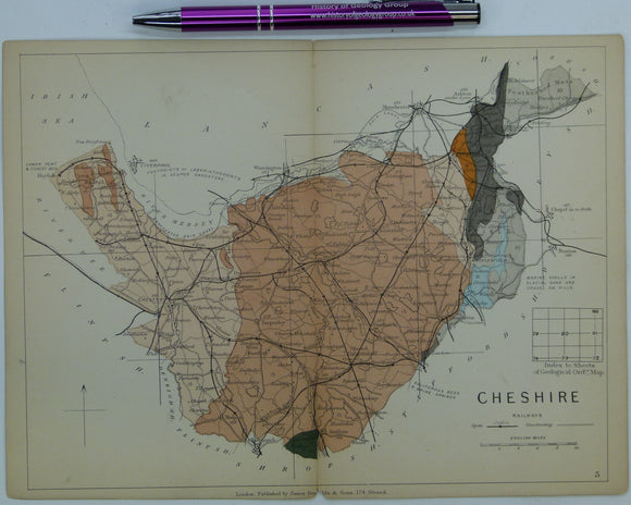 Cheshire (1889) county geological map from Reynolds’s Geological Atlas of Great Britain, 2nd edition.