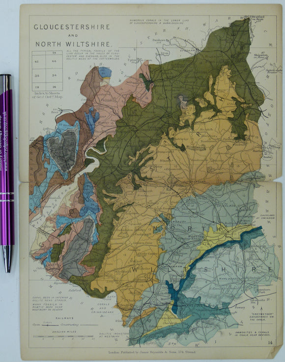 Gloucestershire and North Wiltshire (1889) counties geological map from Reynolds’s Geological Atlas of Great Britain, 2nd