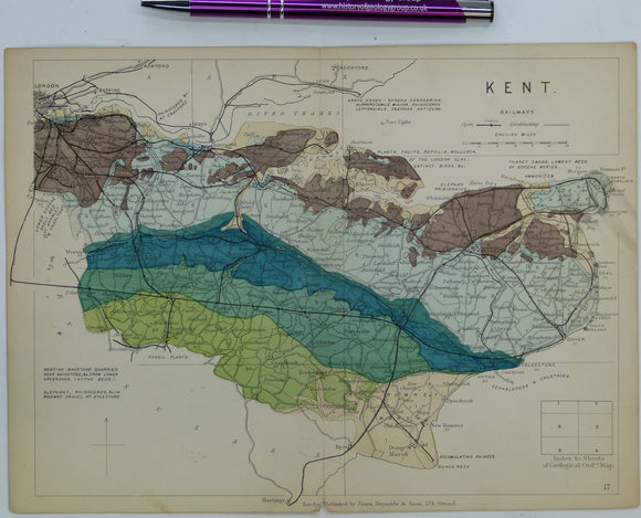 Kent (1889) counties geological map from Reynolds’s Geological Atlas of Great Britain, 2nd edition.