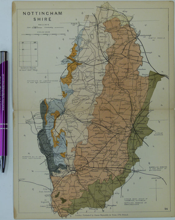 Nottinghamshire (1889) county geological map from Reynolds’s Geological Atlas of Great Britain, 2nd edition