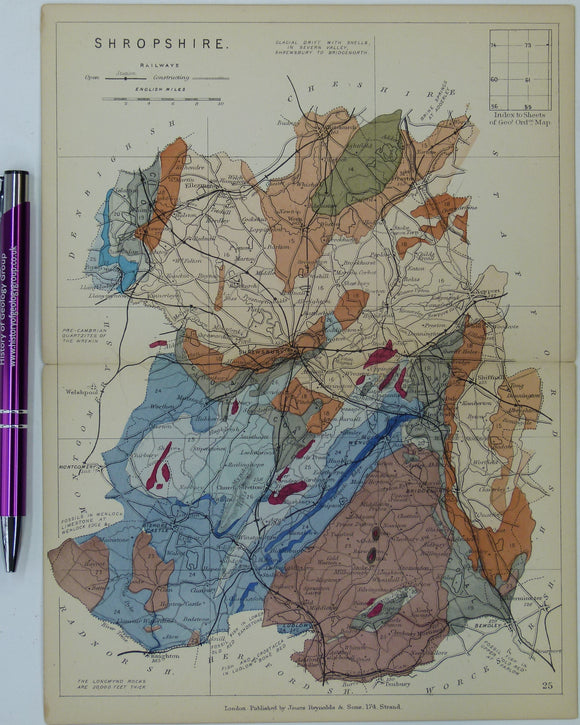 Shropshire (1889) county geological map from Reynolds’s Geological Atlas of Great Britain, 2nd edition.