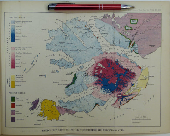 Judd, John W., (1874), ‘Sketch Map Illustrating the Structure of the Volcano of Mull. Fold-out colour printed geological map