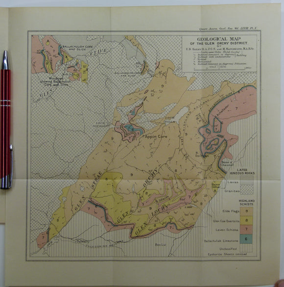 Bailey, Edward B, (1912), ‘Geological Map of the Glen Orchy District. Fold-out colour printed geological map