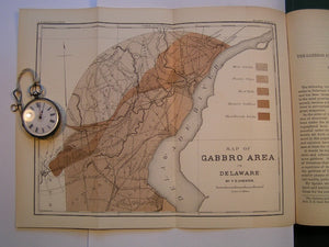 Map of Gabbros Area in Delaware in "The Gabbros and Associated Rocks in Delaware" by FD Chester in Bulletin No. 59 of the USGS, 1890. Scale 1"=3miles. Colour print, 9"x11.5"