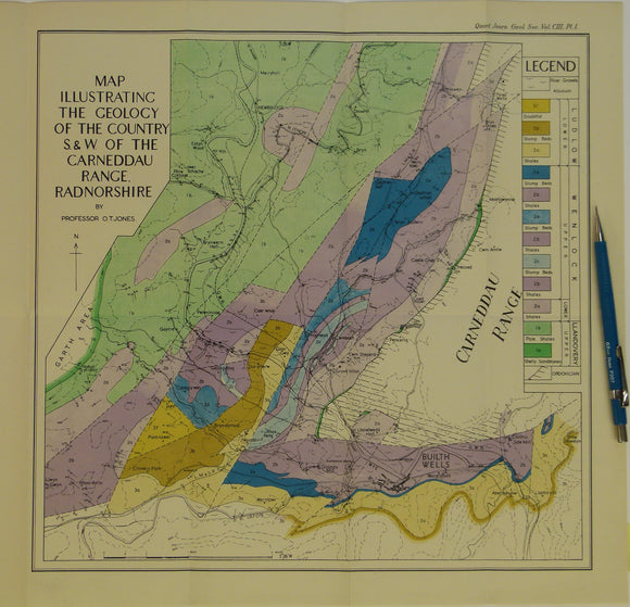 Wales Mid- 1947. Map Illustrating the Geology of the Country S.&W. of the Carneddau Range, Radnorshire, colour
