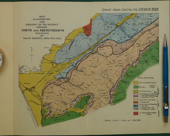 Wales North 1926. Map illustrating the Geology of the District around Towyn and Abergynolwyn (Merioneth), colour
