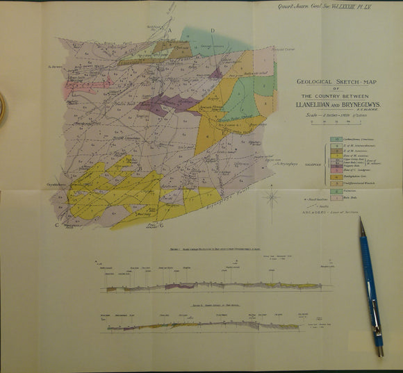 Wales North 1928. Geological Sketch-Map of the Country Between Llanelidan and Bryneglwys, colour