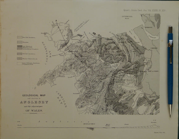 Wales North 1876. Geological Map of and Section of Anglesey and adjacent part Wales