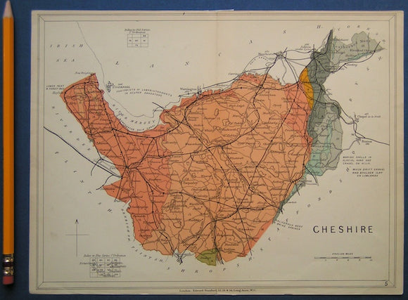 Cheshire (1913) counties geological map from Stanford’s Geological Atlas of Great Britain and Ireland, 3rd edition.