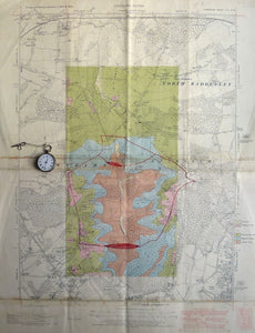 Hampshire 57nw/sw, 6". Chilworth, 1908/1945, joined topographic sheets with central area neatly drawn in ink and hand coloured…