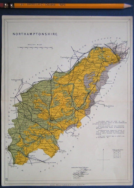 Northamptonshire (1913) county geological map from Stanford’s Geological Atlas of Great Britain and Ireland, 3rd edition.