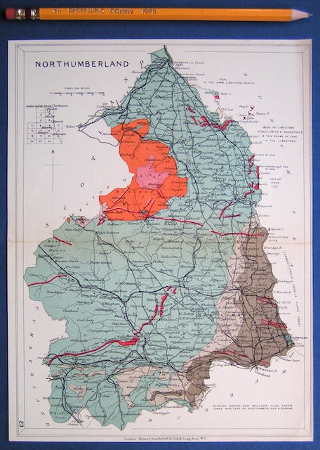 Northumberland (1913) county geological map from Stanford’s Geological Atlas of Great Britain and Ireland, 3rd edition.