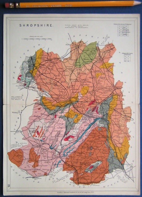 Shropshire (1913) county geological map from Stanford’s Geological Atlas of Great Britain and Ireland, 3rd edition.
