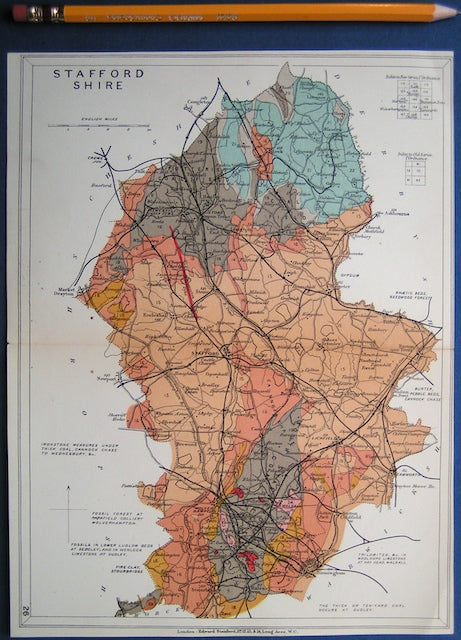 Staffordshire (1913) county geological map from Stanford’s Geological Atlas of Great Britain and Ireland, 3rd edition